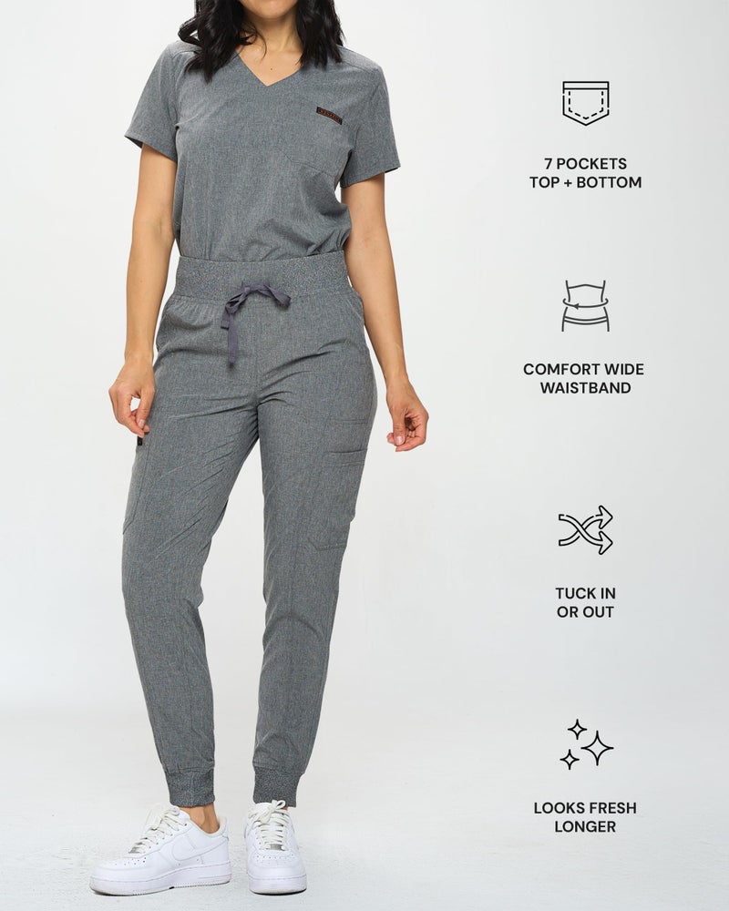 Monarch Uniforms Slim Fit Stretchy Scrubs Women's Jogger Scrub Set Slim Jogger Scrubs with Tuck-In Top for Women (HEATHER GREY-S) - Image 3