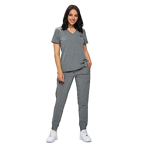 Monarch Uniforms Slim Fit Stretchy Scrubs Women's Jogger Scrub Set Slim Jogger Scrubs with Tuck-In Top for Women (HEATHER GREY-S) - Image 2