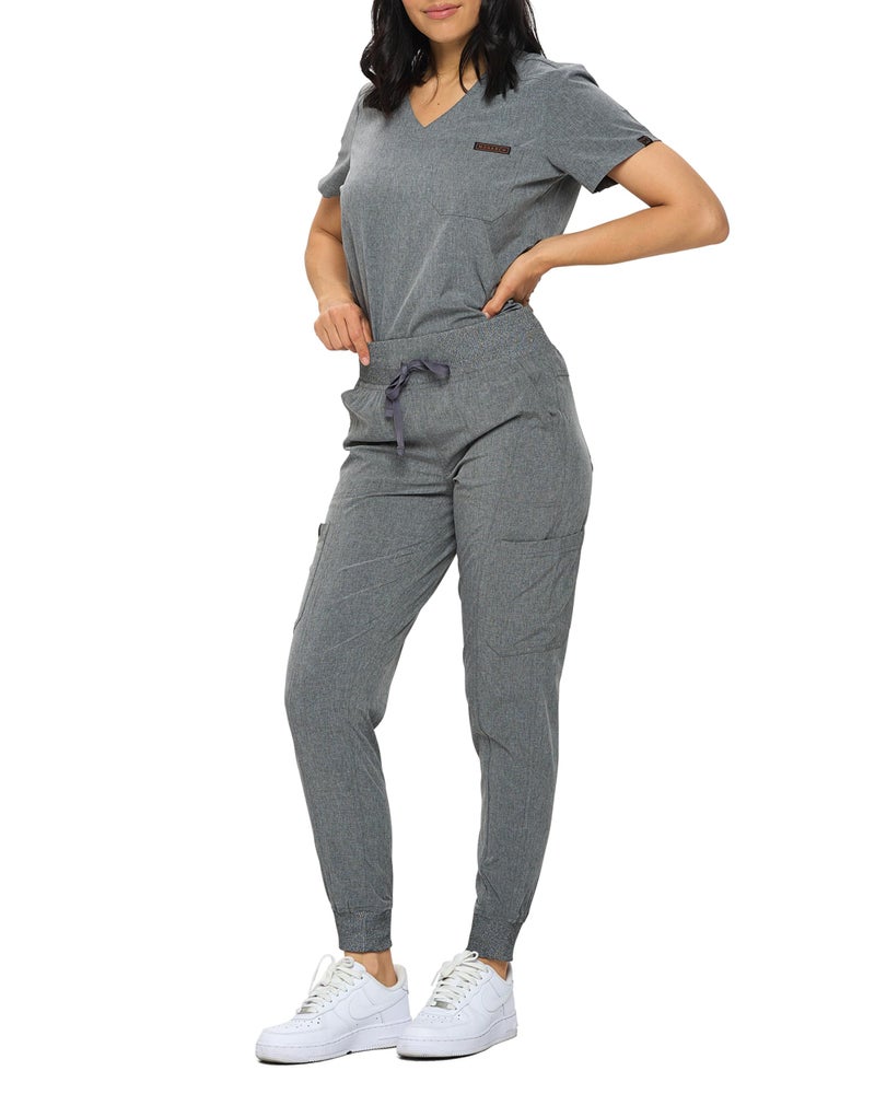 Monarch Uniforms Slim Fit Stretchy Scrubs Women's Jogger Scrub Set Slim Jogger Scrubs with Tuck-In Top for Women (HEATHER GREY-S) - Image 1