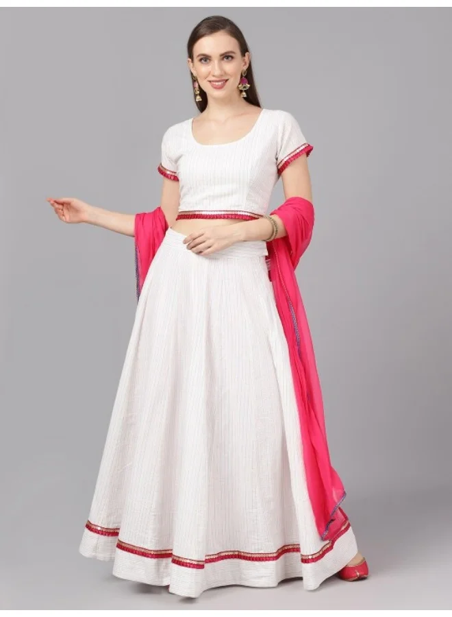 AKS White & Magenta Lurex Striped Lehenga Choli with Dupatta