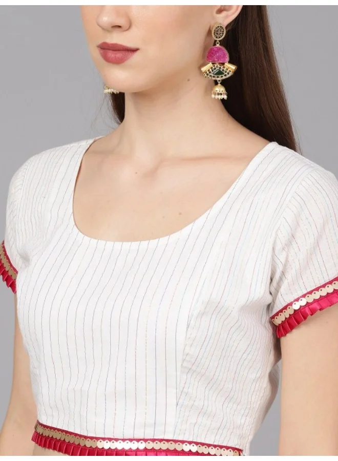 AKS White & Magenta Lurex Striped Lehenga Choli with Dupatta
