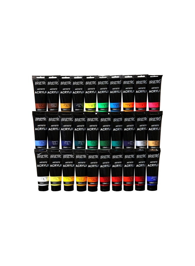 BRUSTRO Artists Acrylic Paint |120ml, 30 Shades (Complete Colour Range)| Ideal for Paper, Canvas, Water-based, Non-toxic, Inter-mixable, Perfect for Artists, Crafters, Students and Professionals