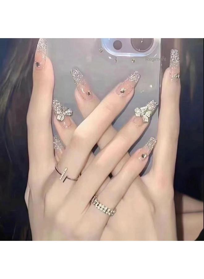 Bluejw Hand-Wearing Nail Pieces Advanced Sense White Fake Nail Nail Pieces Explosive Ins Wind Broken Diamond Butterfly Special Patch  - Image 1