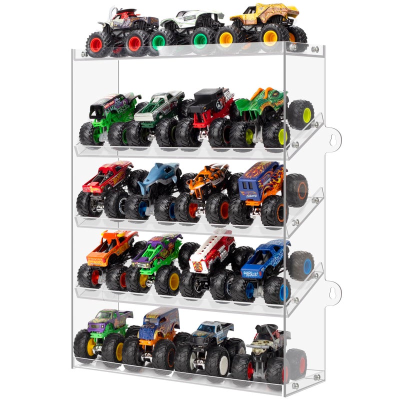 Assembly Monster Trucks Display Case Holding for 20 Monster Trucks Acrylic Storage Case 5 Tiers Monster Trucks Organizer with Tilted Design Display Case for Toy Trucks Transparent