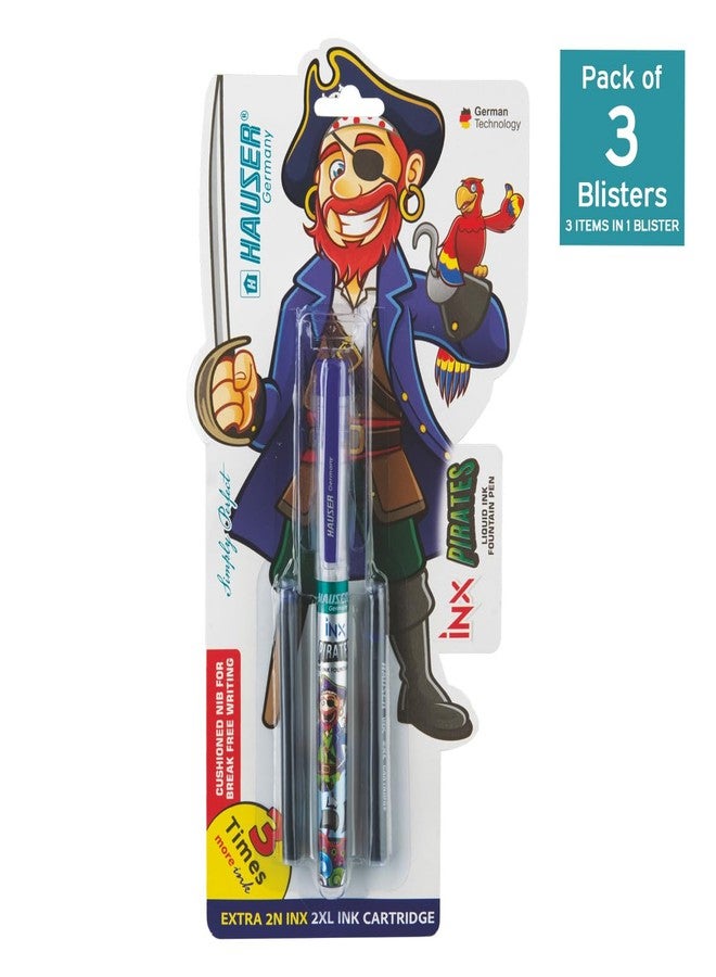 Hauser Inx Pirates Fountain Pen Blister | Cushioned Nib for Break Free Writing | German Technology with 3 Times More Ink | Free 2 Pcs 2XL Ink Cartridges with Each | Blue Ink, of 3 - Image 2
