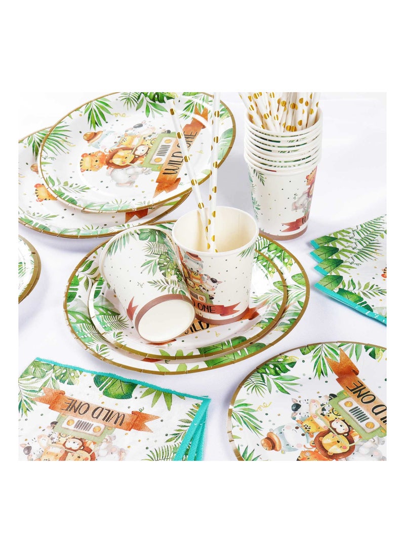 Wild One Birthday Decorations Plates Set for 20 Guests, Boys Safari Jungle Theme Party Decorations Disposable Green Paper Plates Cups Napkins Straws Tableware Set of Birthday Wild One Party Supplies  - Image 2