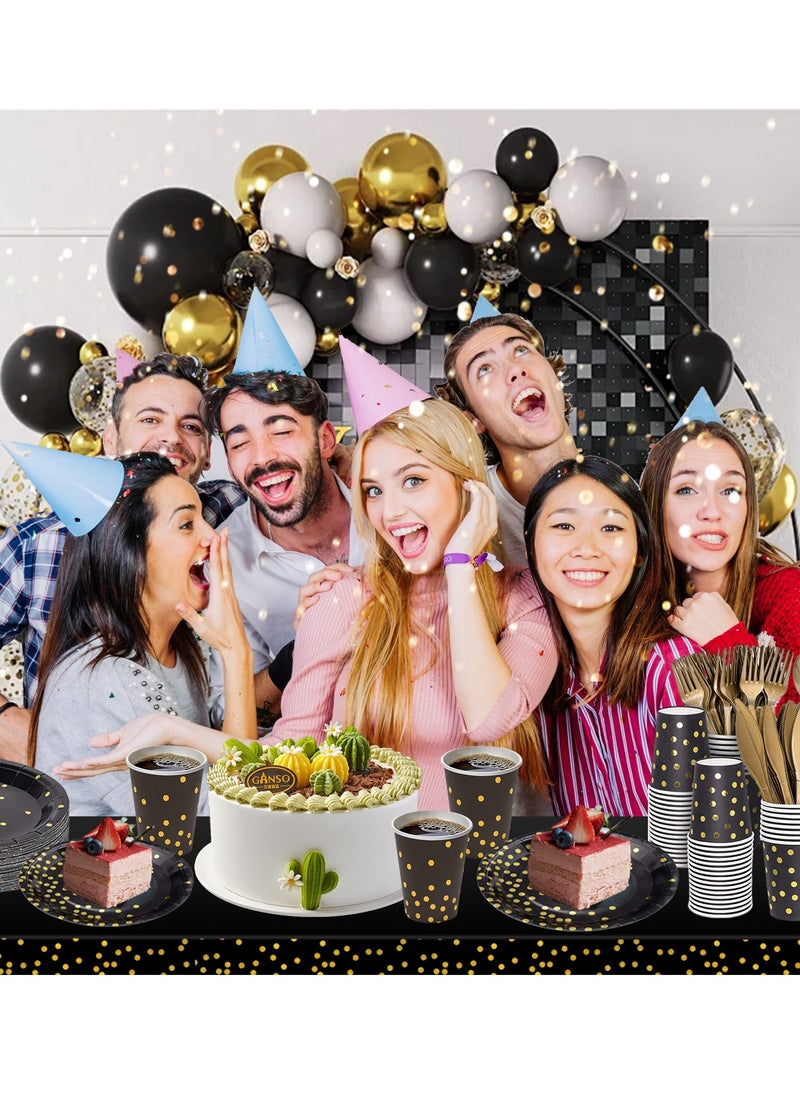 HomarKet 201 Pcs Serves 25 Heavy Duty Black Gold Disposable Party Supplies With Paper Party Plates, Napkins, Cups, Spoons, Forks For Wedding, Birthday, Anniversary, Graduation Dinnerware Set  - Image 2