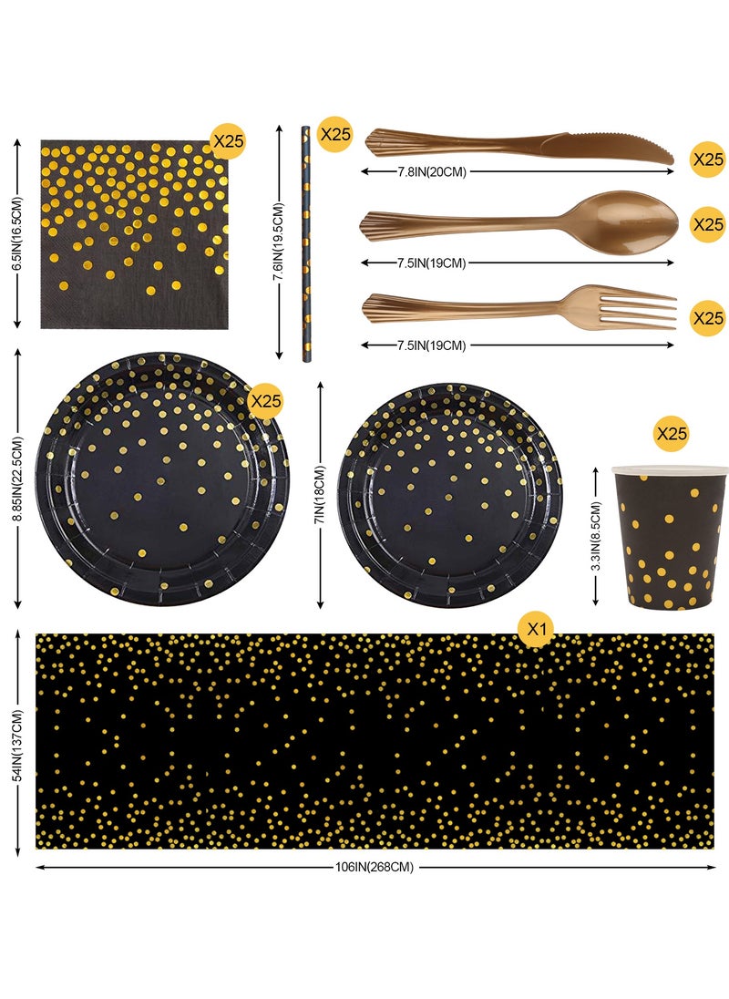 HomarKet 201 Pcs Serves 25 Heavy Duty Black Gold Disposable Party Supplies With Paper Party Plates, Napkins, Cups, Spoons, Forks For Wedding, Birthday, Anniversary, Graduation Dinnerware Set  - Image 3