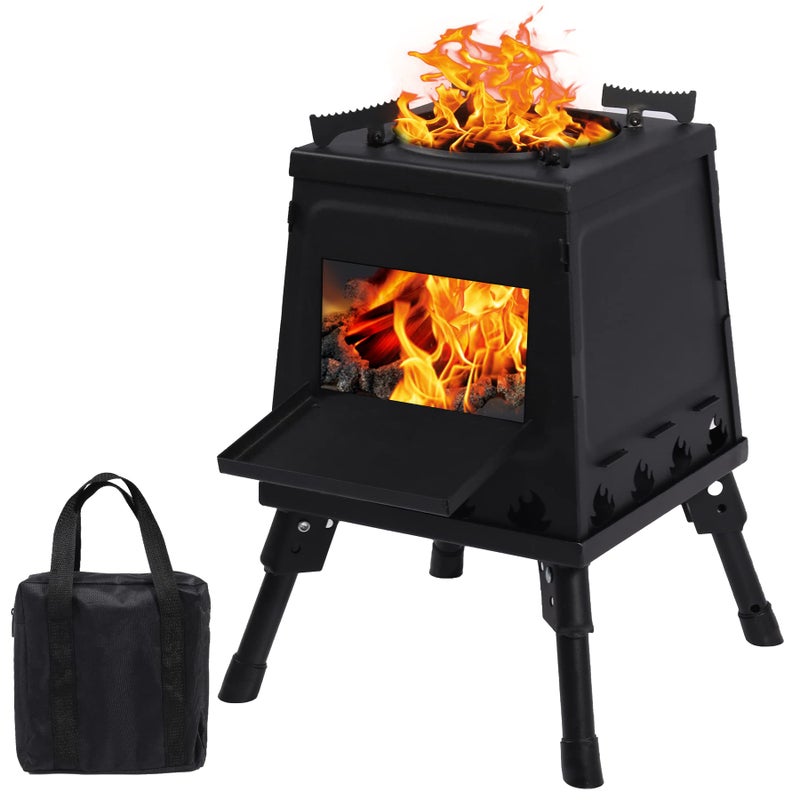 Lineslife Wood Burning Camp Stove Portable Cast Iron Camping Wood Stove Black Woodstove with Carrying Case for Backpacking Outdoor Cooking Small