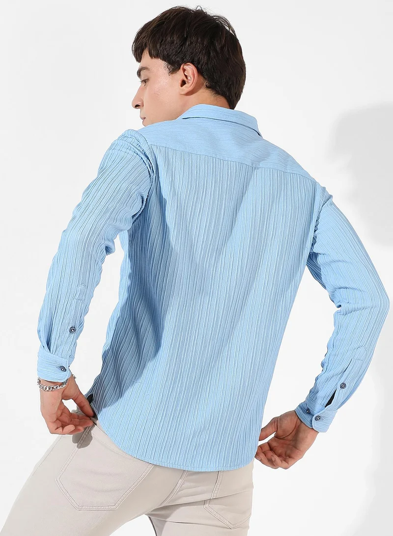 Campus Sutra  Men's Powder Blue Self-Design Striped Shirt for Men | Best Price UAE
