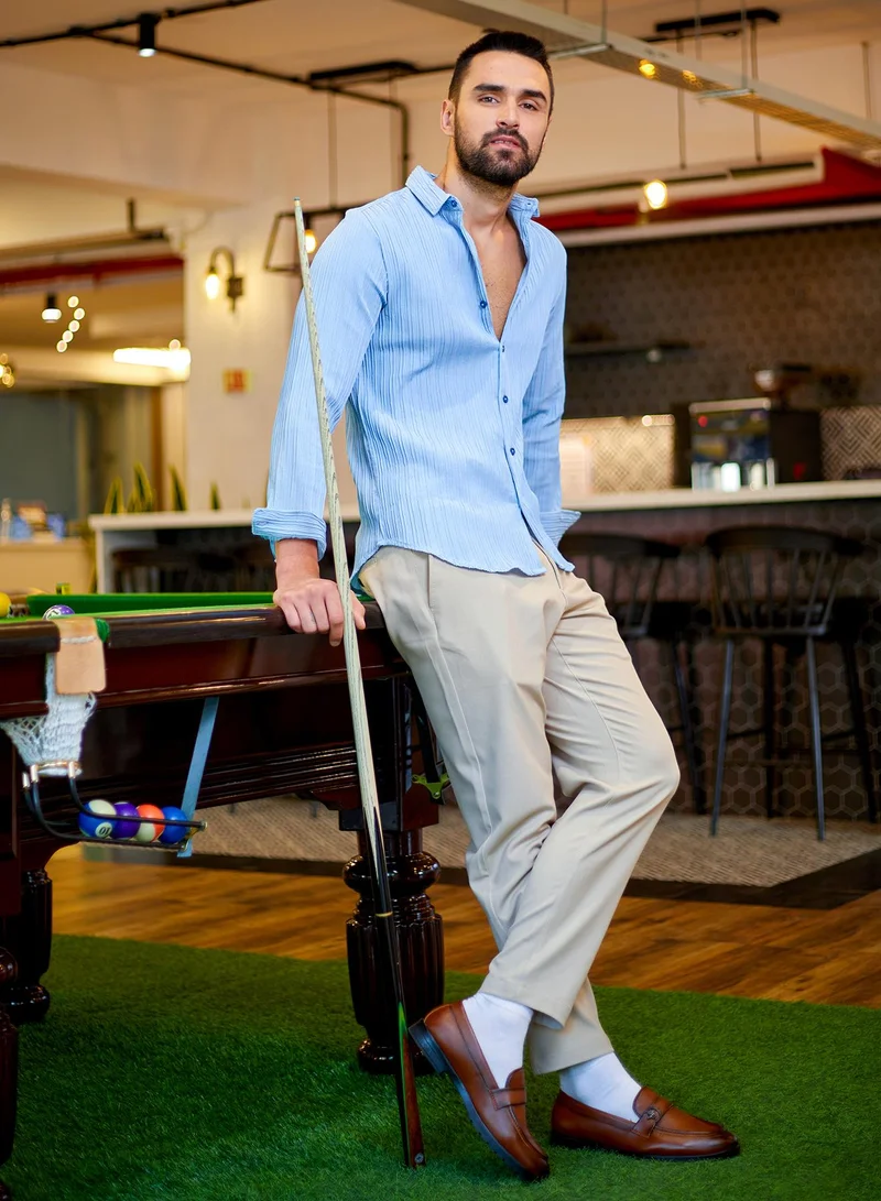 Campus Sutra Men's Powder Blue Self-Design Striped Shirt For Casual Wear | Spread Collar | Long Sleeve | Button Closure | Shirts Crafted With Comfort Fit For Everyday Wear