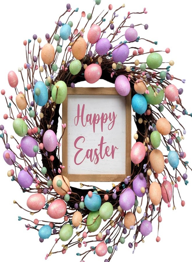 Bibelot إكليل عيد الفصح من بيبلوت للباب الأمامي، إكليل بيض مقاس 18 بوصة مع لافتة عيد فصح سعيد، إكليل ربيعي لتزيين الباب الأمامي والجدار والنافذة في عيد الفصح - Image 1