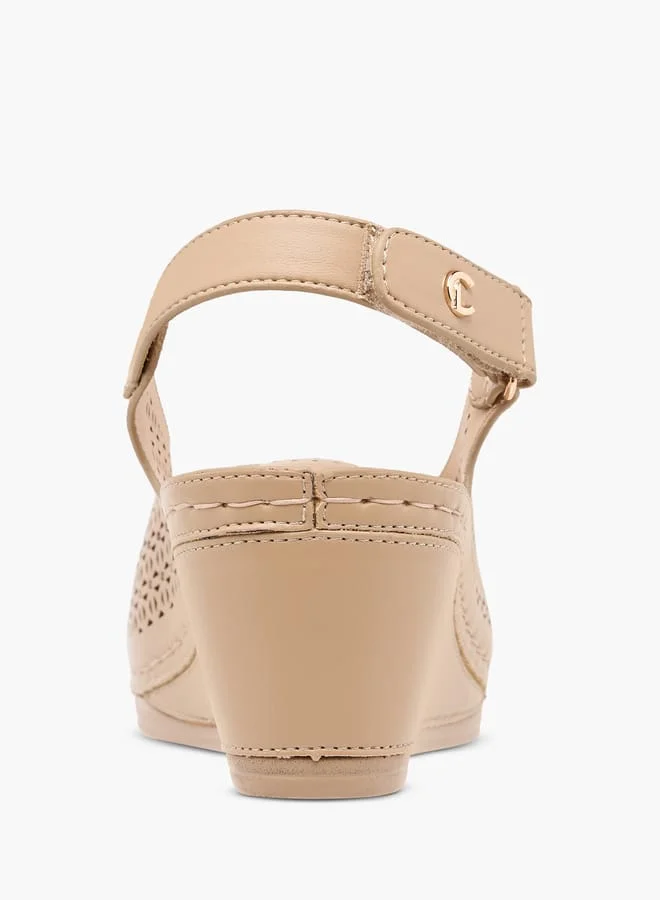 لو كونفورت Women Cutwork Detail Wedge Heel Sandals with Hook and Loop Closure