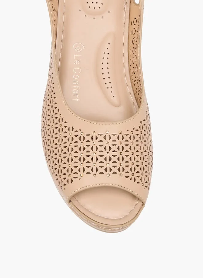 لو كونفورت Women Cutwork Detail Wedge Heel Sandals with Hook and Loop Closure