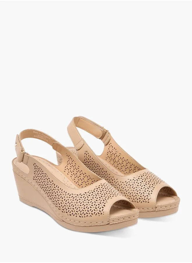 لو كونفورت Women Cutwork Detail Wedge Heel Sandals with Hook and Loop Closure
