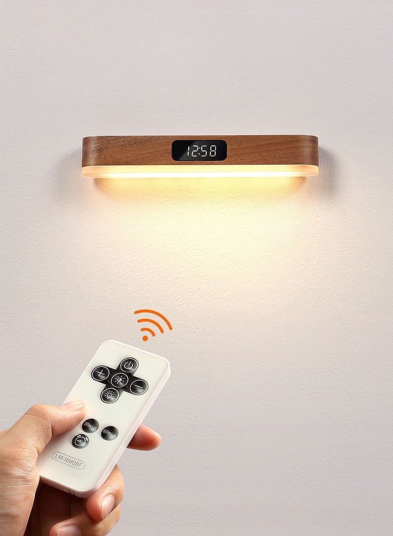 Wall Lamp，LED Wood Wall Lamp with Clock, Magnetic Night Light with Adjustable 3 Light Colors, Battery Operated USB Rechargeable LED Night Light with Romote Control Bedside Lamp for Bedrooms, Living Room - Image 1