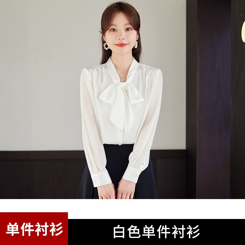 Bow professional white shirt womens 2024 spring new style floating long sleeve loose western style chiffon top White one-piece shirt