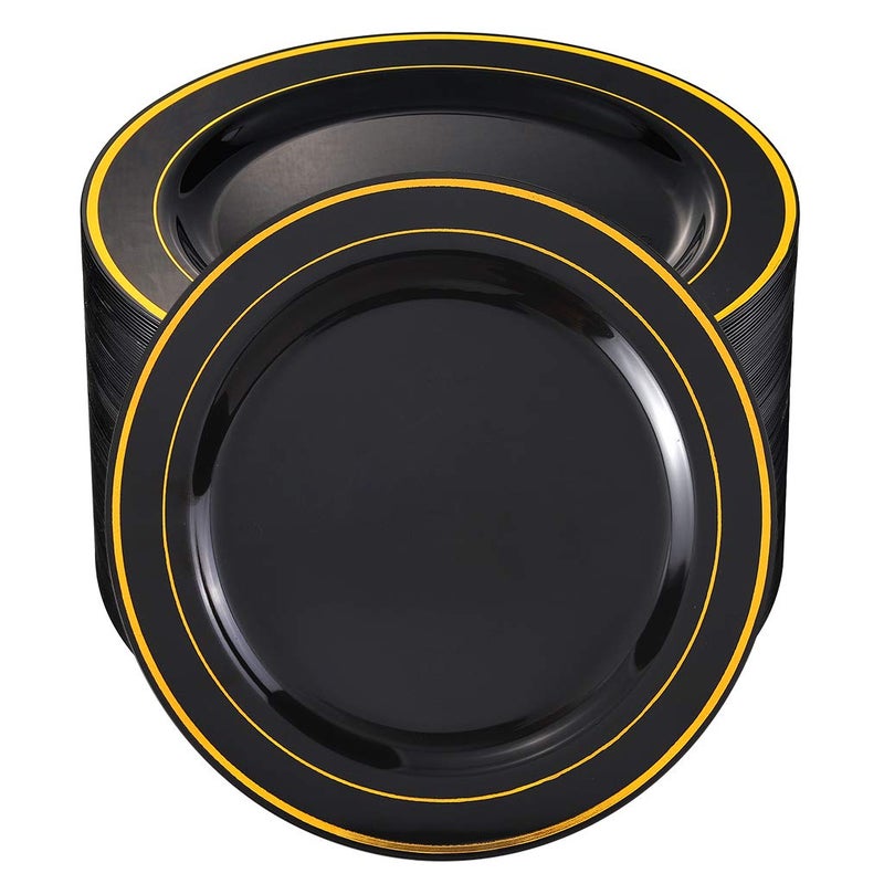 bUCLA 100 Pieces Black and Gold Plastic Dinner Plates - 10.25 inch Black Disposable Plates with Gold Rim - Ideal for Party, Graduation & New Year - Image 1