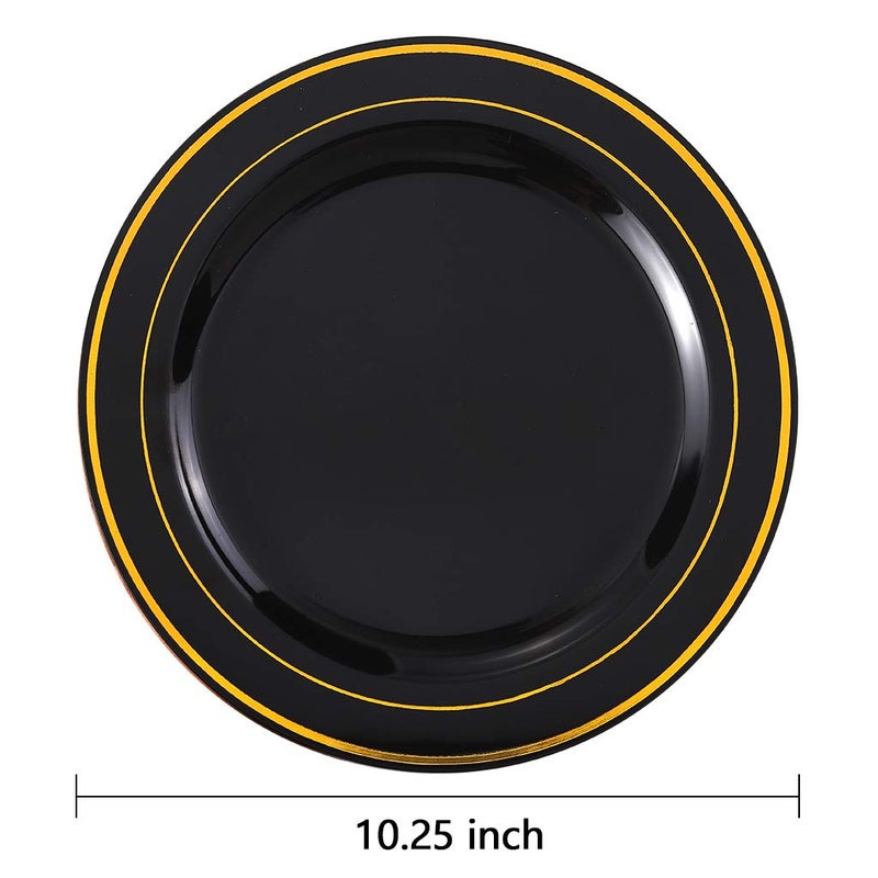 bUCLA 100 Pieces Black and Gold Plastic Dinner Plates - 10.25 inch Black Disposable Plates with Gold Rim - Ideal for Party, Graduation & New Year - Image 2