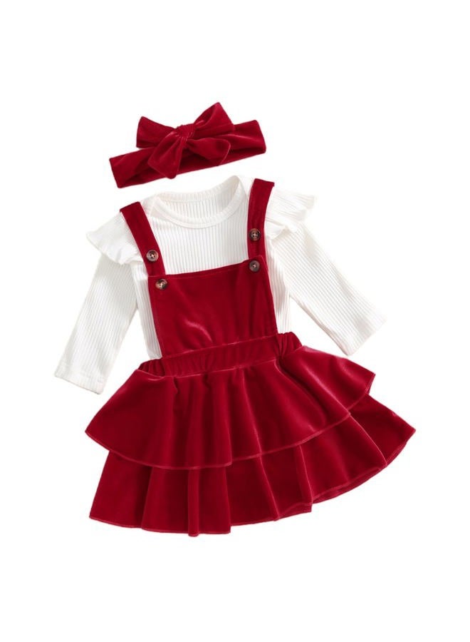 Thorn Tree Newborn Baby Girls Christmas Outfits Long Sleeve Onesie Romper+Velvet Suspender Skirts+Headband Clothes (White & Red Set,12-18 Months) - Image 1