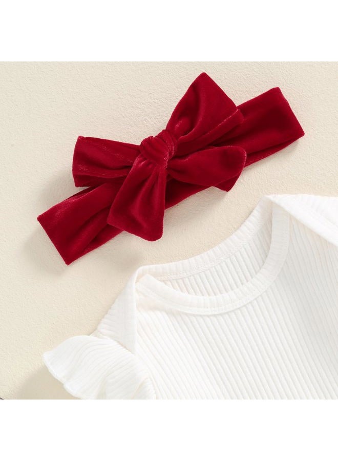 Thorn Tree Newborn Baby Girls Christmas Outfits Long Sleeve Onesie Romper+Velvet Suspender Skirts+Headband Clothes (White & Red Set,12-18 Months) - Image 3