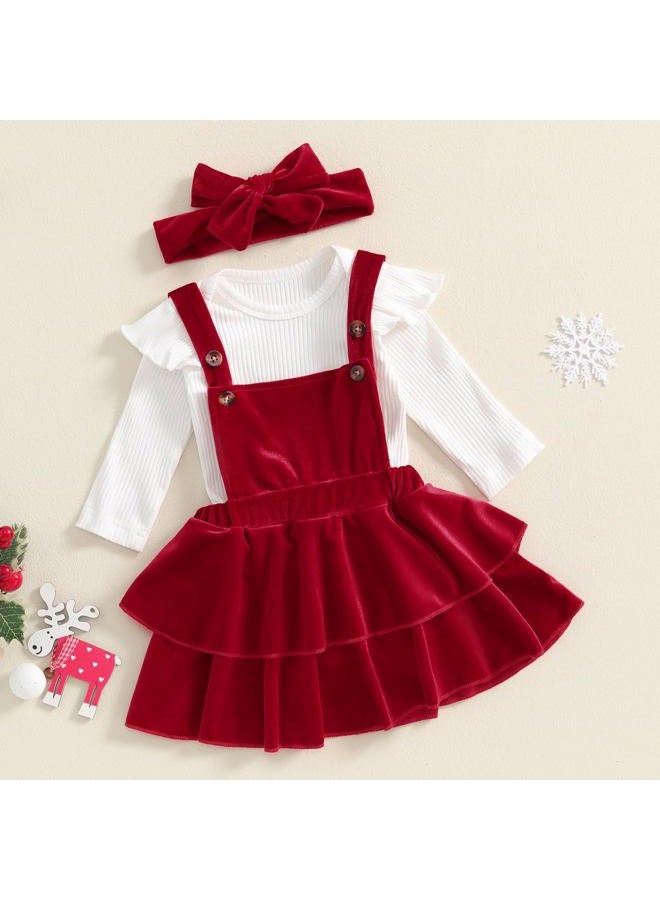 Thorn Tree Newborn Baby Girls Christmas Outfits Long Sleeve Onesie Romper+Velvet Suspender Skirts+Headband Clothes (White & Red Set,12-18 Months) - Image 2