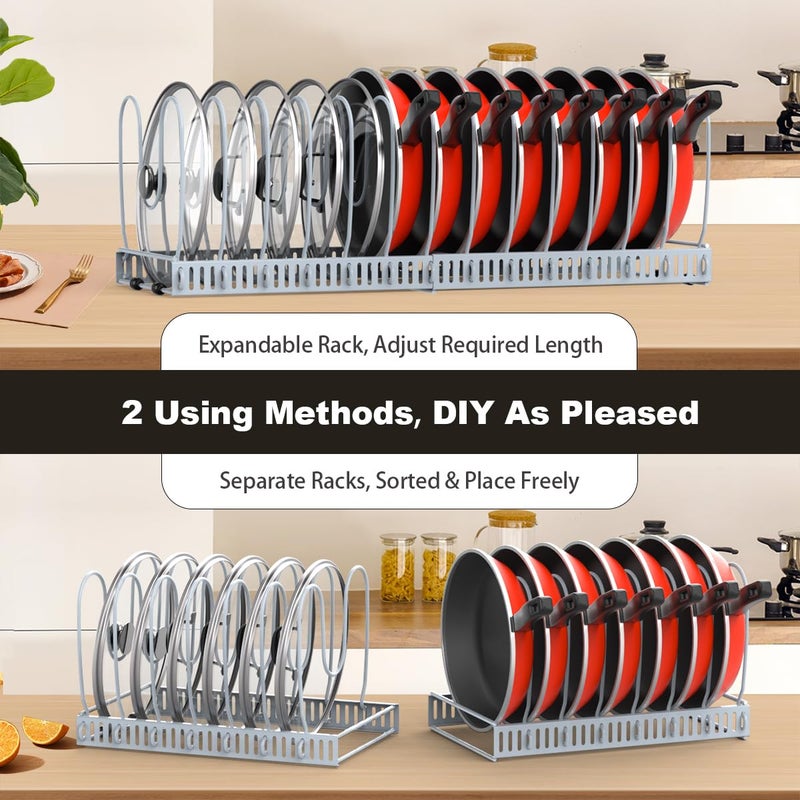Housolution Pot and Pan Organizer Rack for Cabinet, Upgraded Expandable Pot Lid Organizer with 14 Adjustable Dividers, Pan Holder Storage Rack for Kitchen Cabinet, Grey - Image 4