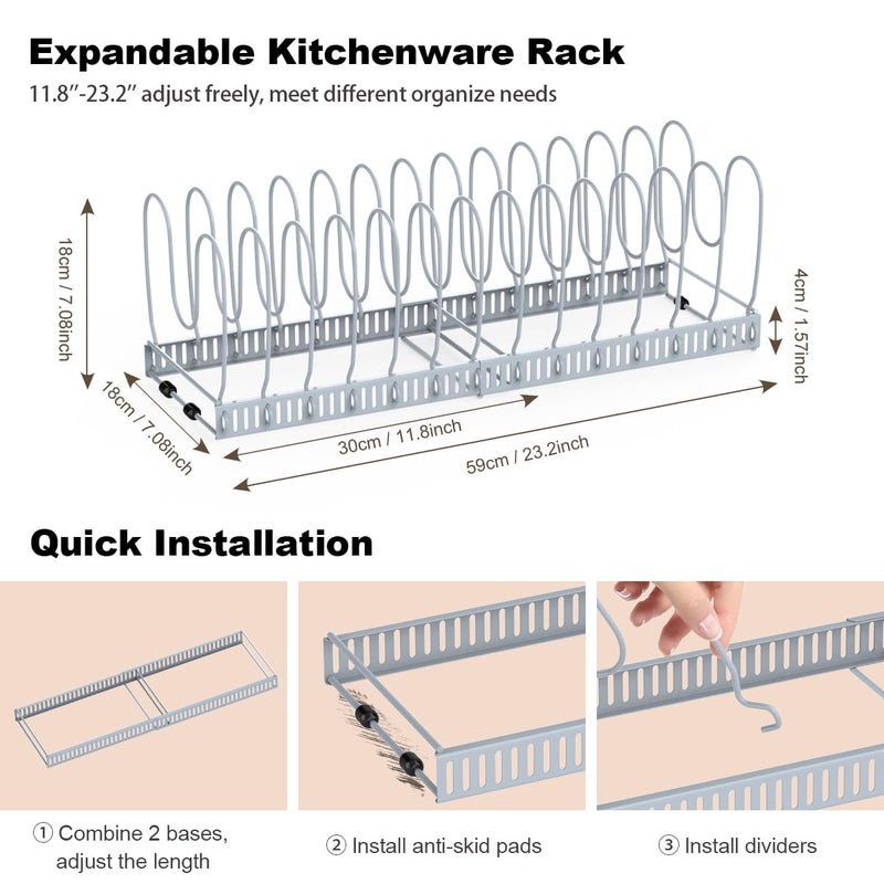Housolution Pot and Pan Organizer Rack for Cabinet, Upgraded Expandable Pot Lid Organizer with 14 Adjustable Dividers, Pan Holder Storage Rack for Kitchen Cabinet, Grey - Image 5