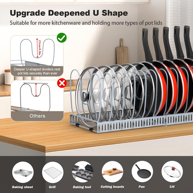 Housolution Pot and Pan Organizer Rack for Cabinet, Upgraded Expandable Pot Lid Organizer with 14 Adjustable Dividers, Pan Holder Storage Rack for Kitchen Cabinet, Grey - Image 2