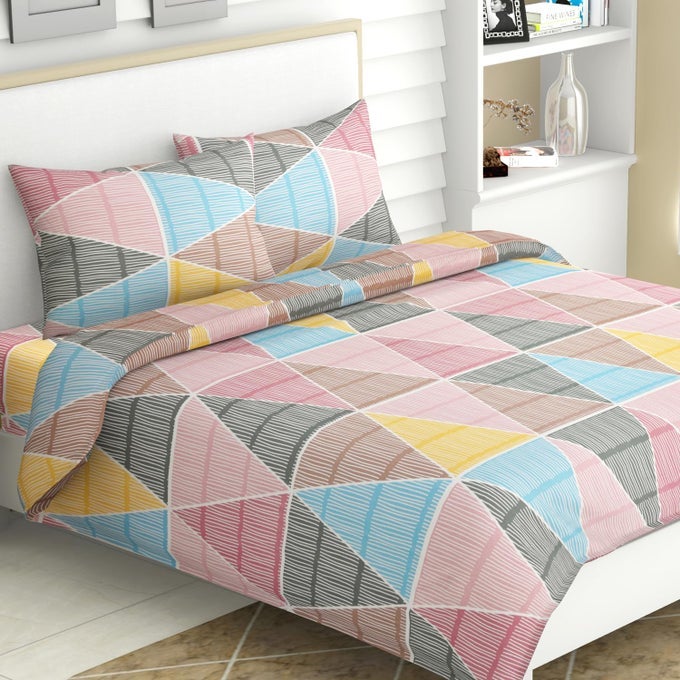 HAUS KINDER KING SIZE BEDSHEET FOR DOUBLE BED 144 TC PURE COTTON BED SHEET BED SET WITH 2 PILLOW COVERS TRAINGLE PRINTED BEDSHEETS