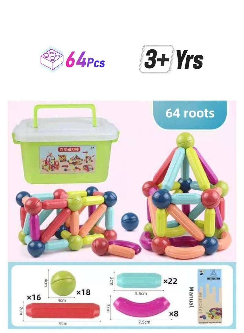 Variety Magnetic Stick Toy Building Blocks Magnetic Assembling Plug DIY Baby Early Education Educational Children Intelligence Development-Color:64PCS) Magnetic Bar Building Blocks + Storage Box E-Commerce - Image 1