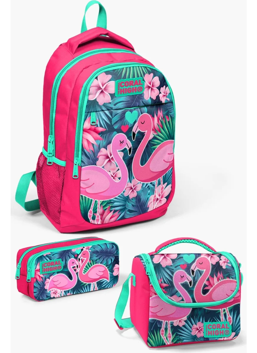 CORAL HIGH Kids Neon Coral Water Green Flamingo Patterned 3-Piece School Bag Set SET0114377