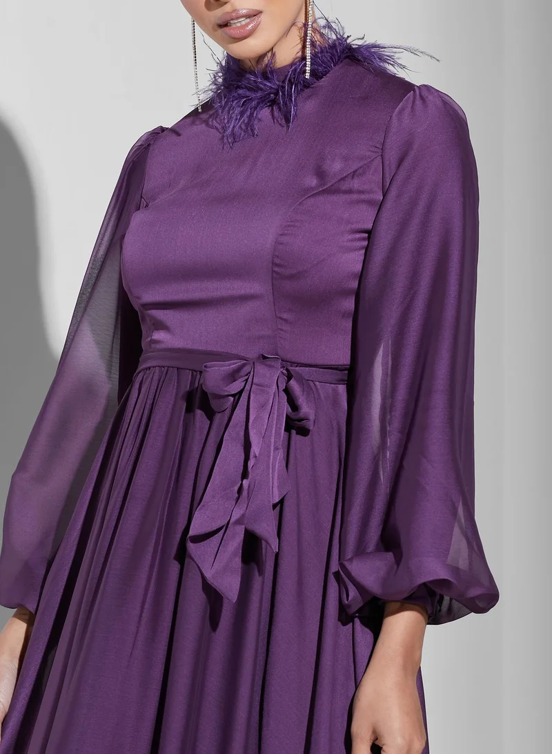 Namshi X Trendyol High Neck Feather Detail Pleated Dress