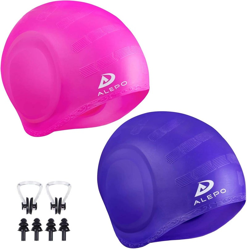 Alepo 2 Pack Unisex Swim Caps with 3D Ear Protection, Durable Flexible Silicone Swimming Hats for Women Men Kids Adults, Bathing Swimming Caps for Short/Long Hair with Ear Plugs&Nose Clip - Image 1