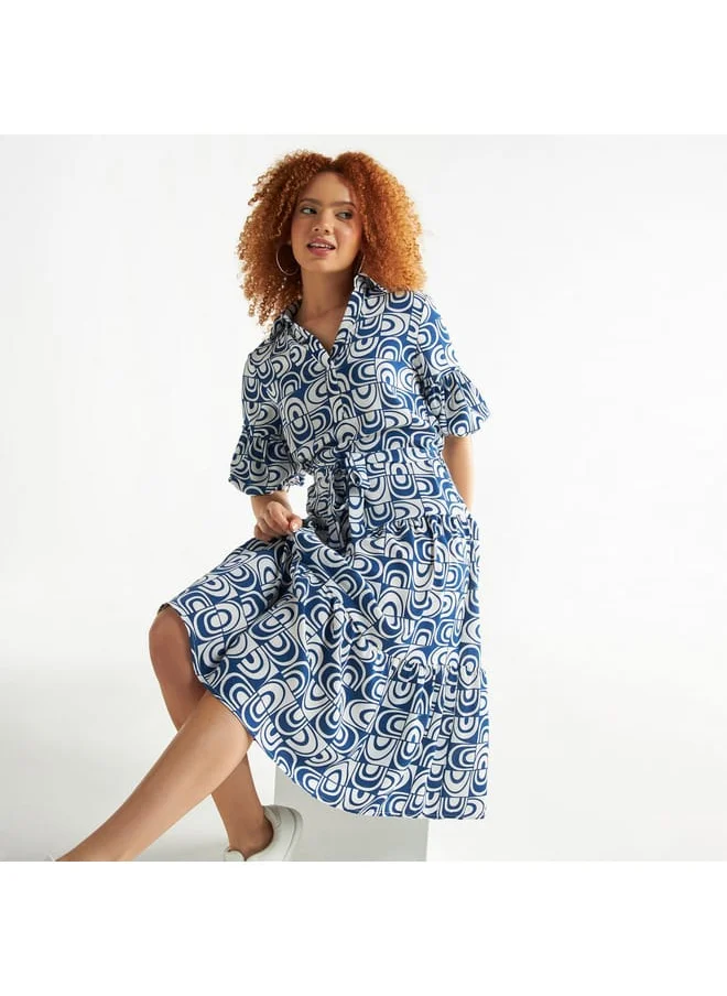 FAV All-Over Print Shirt Dress with Tie-Up Belt and Balloon Sleeves