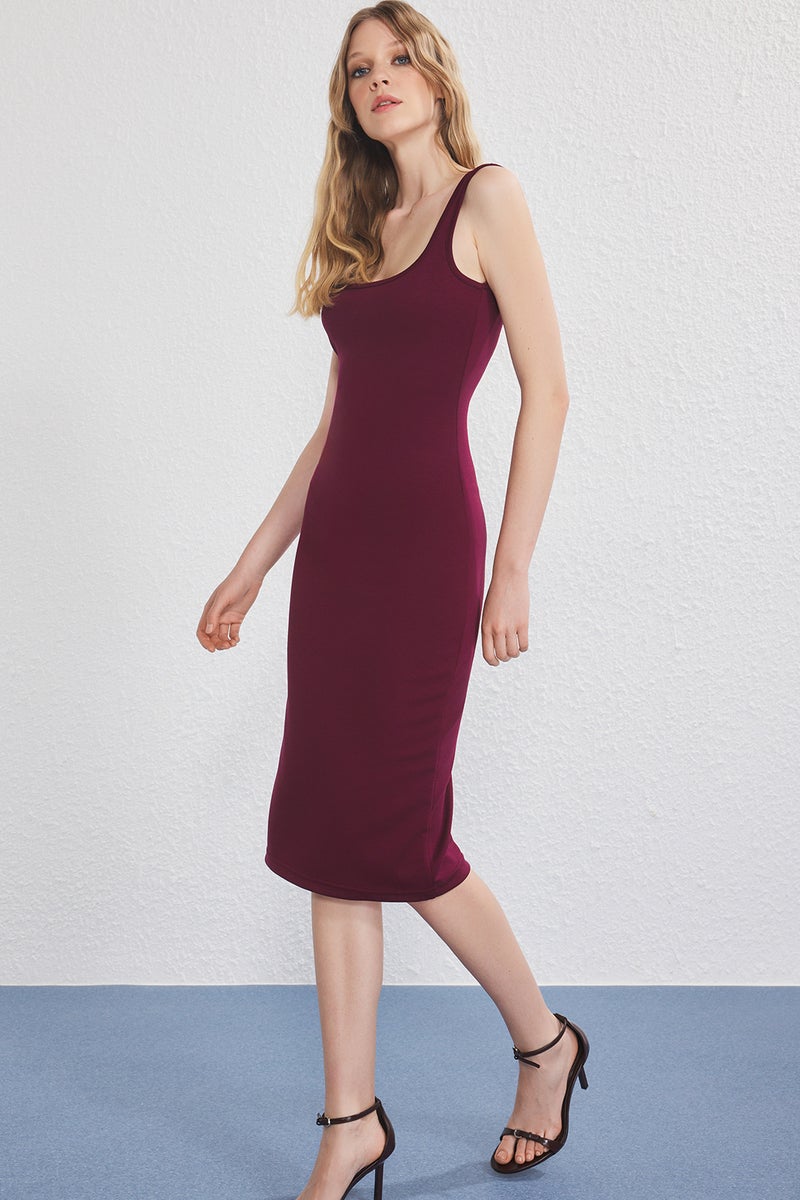 trendyol Maroon Midi Bodycone/Body Fitted Knitted Dress - Image 1