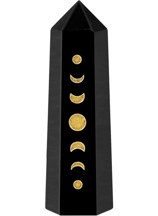 rockcloud Rockcloud Moon Phase Engraved Crystal Point, Lunar Eclipse Hexagonal Wand Pocket Stone for Reiki Meditation Home Decoration, Obsidian 