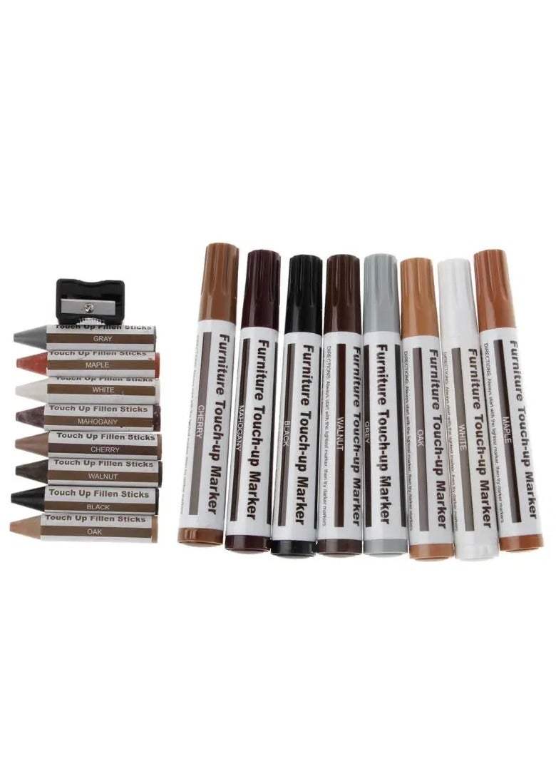 17Pcs Furniture Touch Pen Furniture Repair Pen Tool  Wood Markers and Wax Sticks with Sharpener Kit for Stains, Scratches, Wood Floors, Tables, Carpenters, Bedposts, Touch Ups and Cover Ups - Image 1
