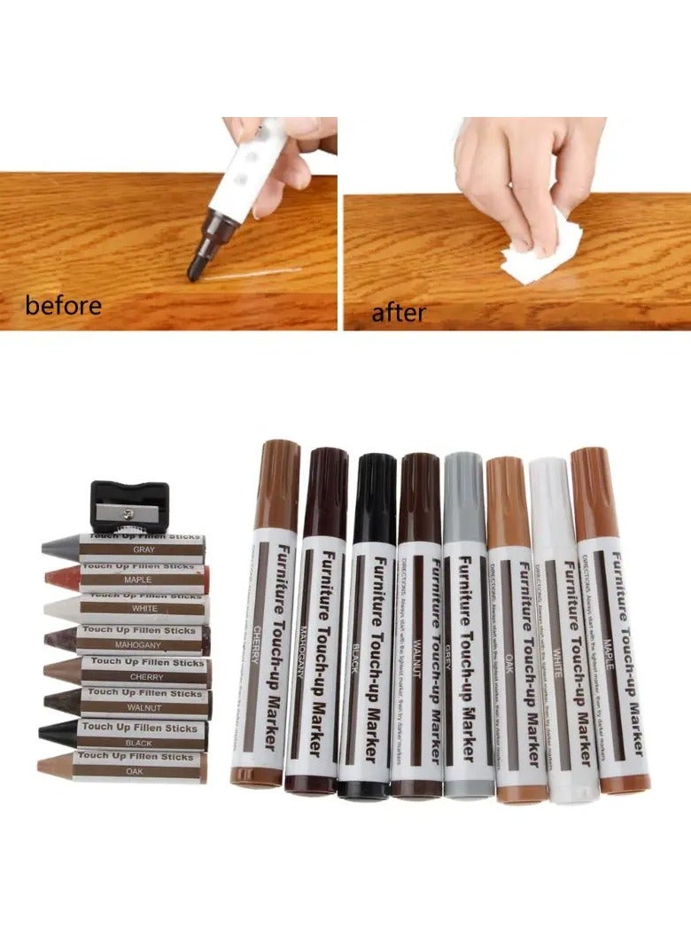 17Pcs Furniture Touch Pen Furniture Repair Pen Tool  Wood Markers and Wax Sticks with Sharpener Kit for Stains, Scratches, Wood Floors, Tables, Carpenters, Bedposts, Touch Ups and Cover Ups - Image 2