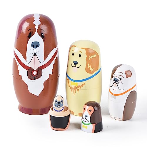 Tngan Nesting Dolls 5Pcs 6 Tall Russian Nesting Dolls Handmade Matryoshka for Kids Wooden Stacking Toys for Christmas Home Wedding Party Decorations Dog - Image 1