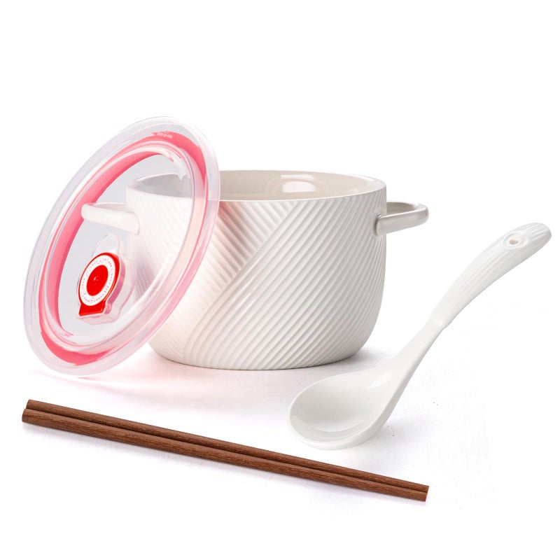 Adewnest Ramen Bowl with Lid: 32oz Ceramic Soup Bowl Set with Spoon & Chopsticks for Instant Food Noodle Office Lunch Dorm Living - Microwave Safe Portable Storage - White - Image 1