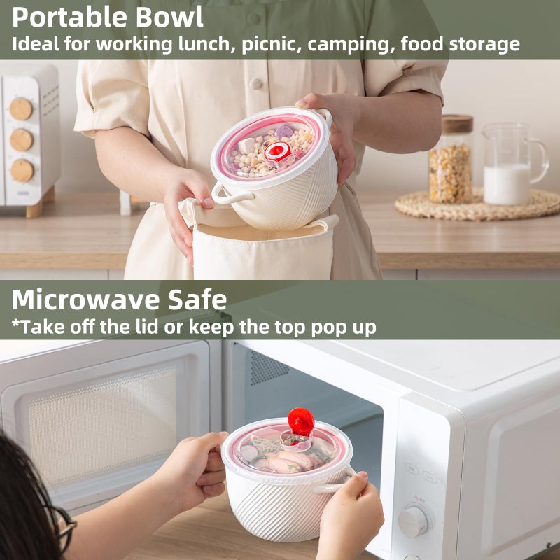 Adewnest Ramen Bowl with Lid: 32oz Ceramic Soup Bowl Set with Spoon & Chopsticks for Instant Food Noodle Office Lunch Dorm Living - Microwave Safe Portable Storage - White - Image 3