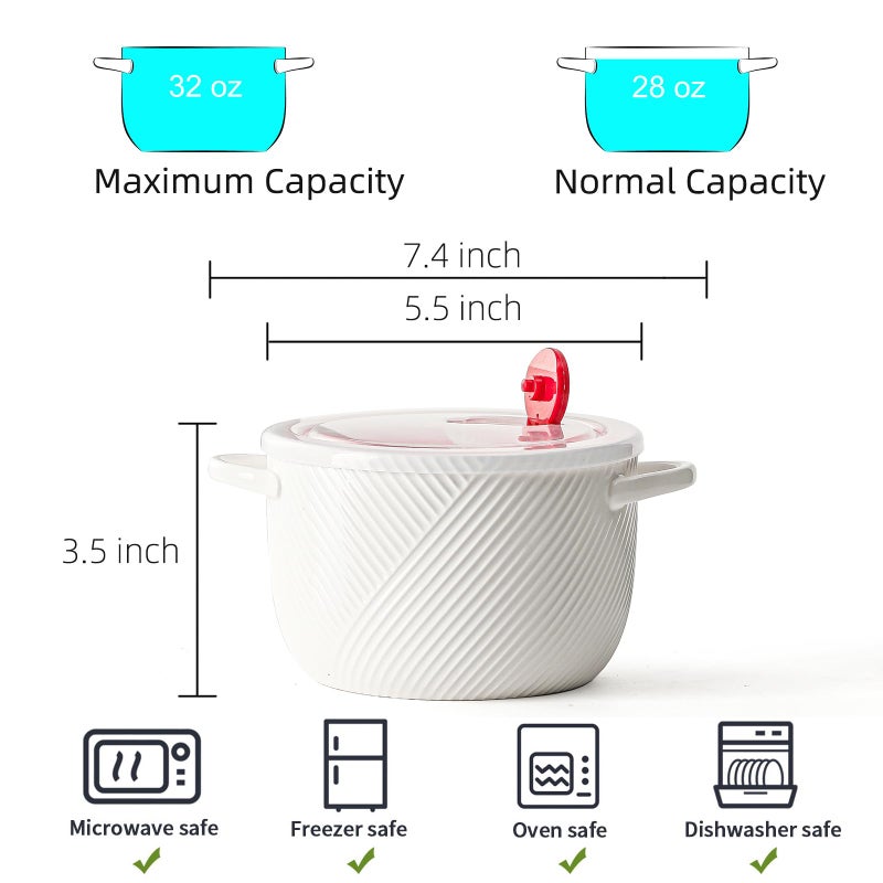 Adewnest Ramen Bowl with Lid: 32oz Ceramic Soup Bowl Set with Spoon & Chopsticks for Instant Food Noodle Office Lunch Dorm Living - Microwave Safe Portable Storage - White - Image 2