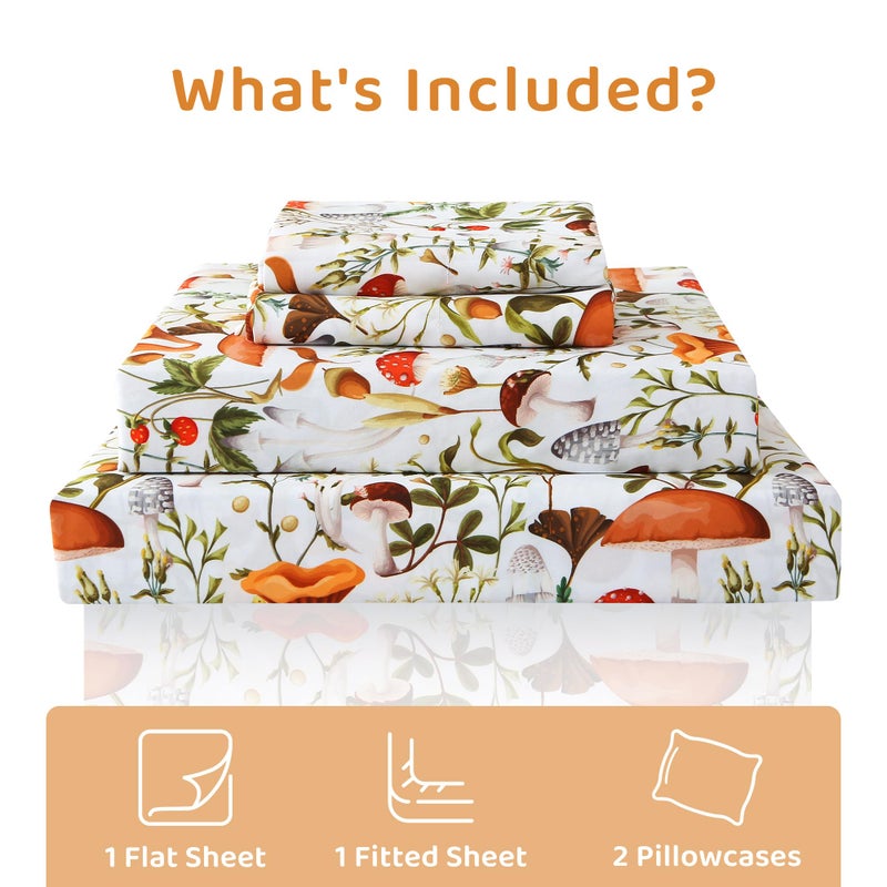 Mooreeke Cozy Vintage Microfiber Printed King Sheet Set - Soft & Breathable Percale Mushroom Forest Bed Sheets with Extra Deep Pocket - Non-Slip Fitted Design - Jungle Mushroom Leaves Pattern - King - Image 2