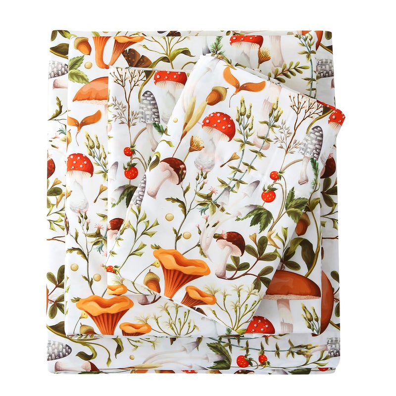 Mooreeke Cozy Vintage Microfiber Printed King Sheet Set - Soft & Breathable Percale Mushroom Forest Bed Sheets with Extra Deep Pocket - Non-Slip Fitted Design - Jungle Mushroom Leaves Pattern - King - Image 1