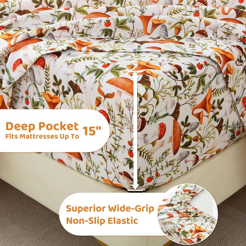 Mooreeke Cozy Vintage Microfiber Printed King Sheet Set - Soft & Breathable Percale Mushroom Forest Bed Sheets with Extra Deep Pocket - Non-Slip Fitted Design - Jungle Mushroom Leaves Pattern - King - Image 4