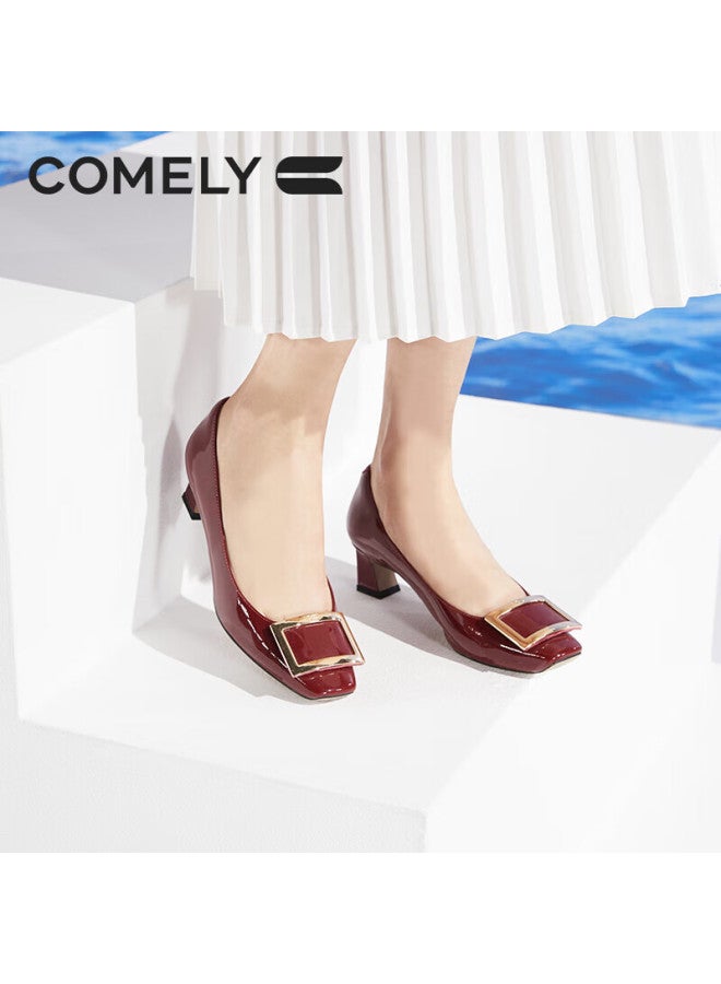Comely Square Buckle Single Shoes Women's Spring Thick Heel Patent Leather Commuter High Heels Red 34 - Image 2