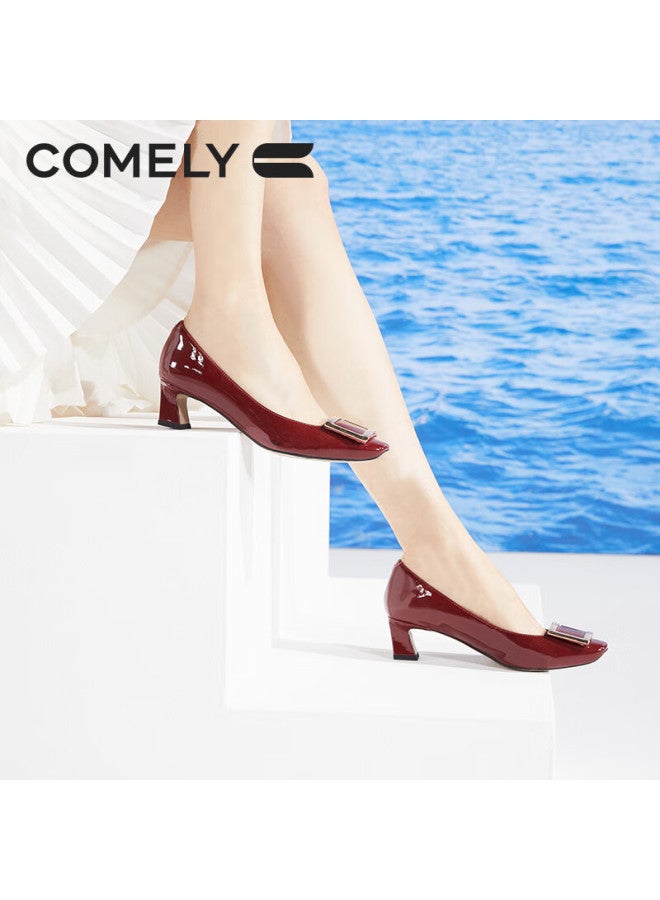 Comely Square Buckle Single Shoes Women's Spring Thick Heel Patent Leather Commuter High Heels Red 34 - Image 5