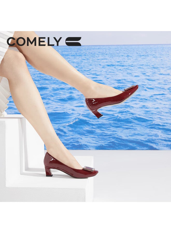 Comely Square Buckle Single Shoes Women's Spring Thick Heel Patent Leather Commuter High Heels Red 34 - Image 4