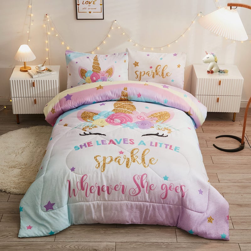 Cokouchyi Full Size Comforter Set for Girls  5-Piece Bed in a Bag  3D Colorful Unicorn Bedding Comforter Sheet Set  Ultra Soft and Fluffy  Pink & Rainbow Color - Image 1